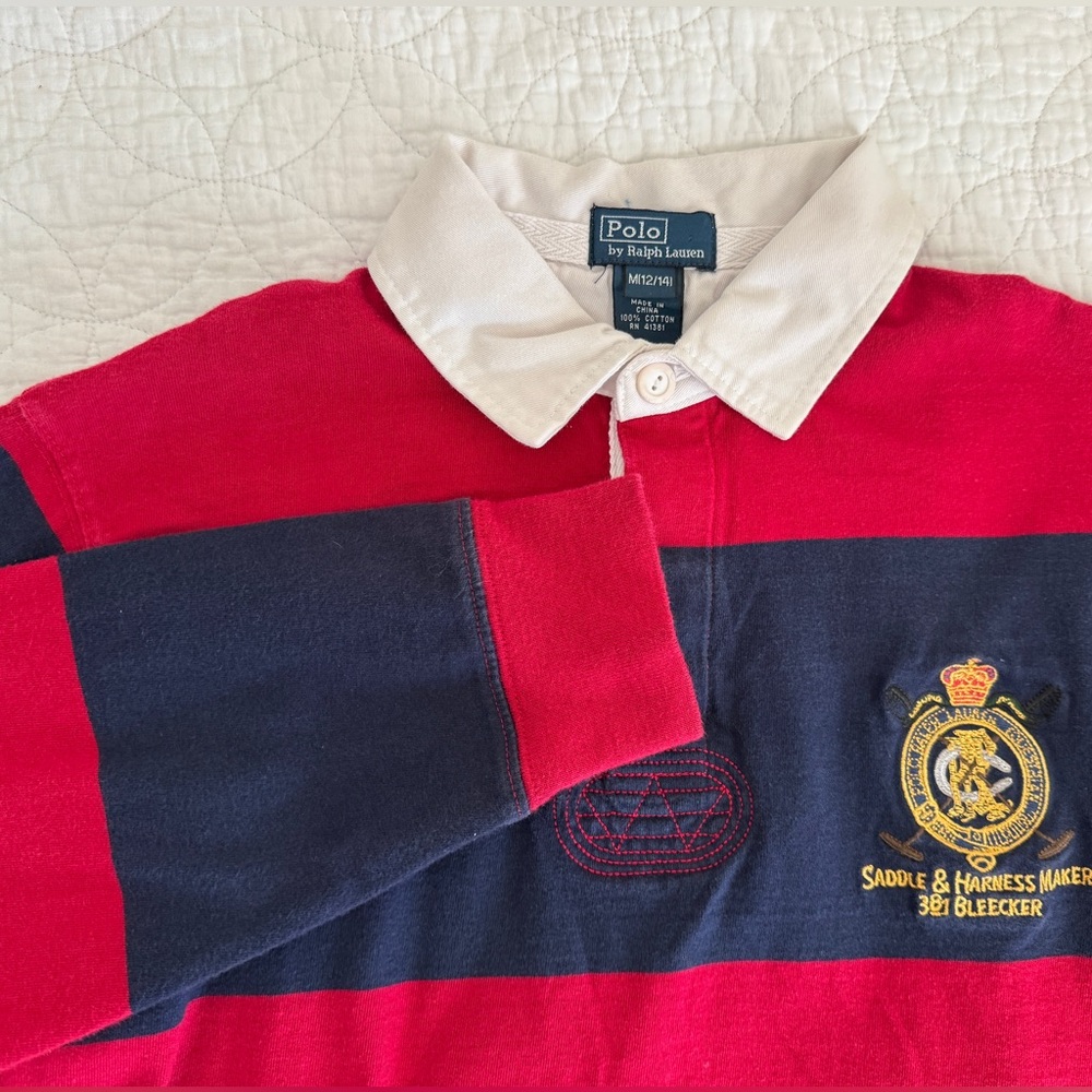 Polo Ralph Lauren Rugby Polo Saddle Makers Crest Long Sleeve Shirt Boys M 12 Red